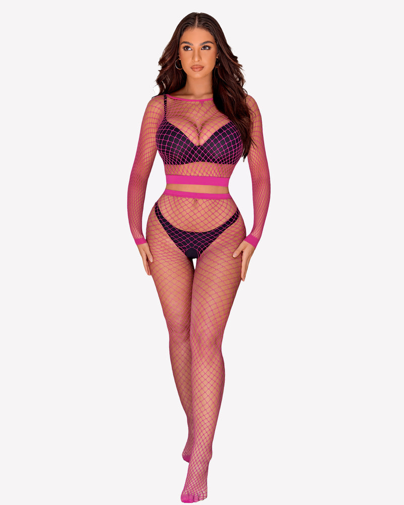 Fishnet Two Piece Lingerie Set Rose Red One Size Stockings - Tophatter Daily Deals