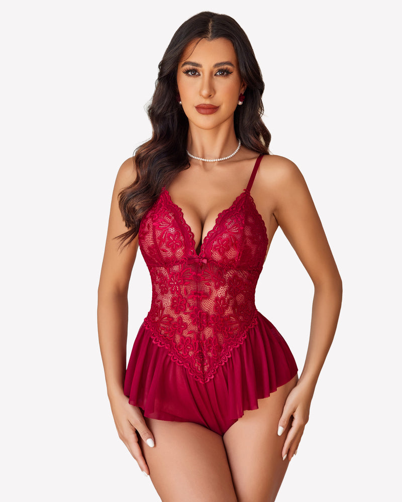 Lace Bodysuit One Piece Teddy Burgundy Lingeries-Bodysuits - Tophatter Daily Deals
