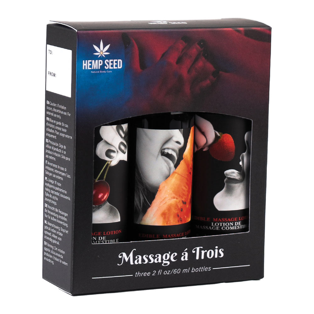 Hemp Seed Edible Massage A Trois (3 Bottle Set) – Edible Massage Lotion Kit > Essentials > Massage Gift Set - Tophatter Daily Deals