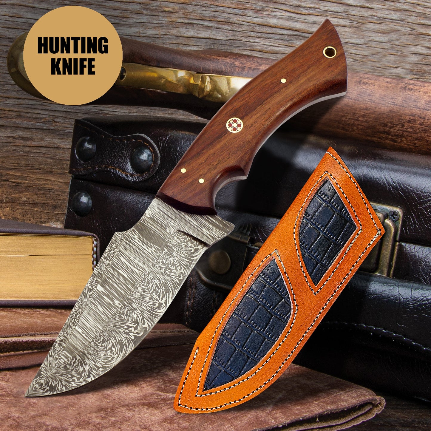 9.5′ Handmade Damascus Steel Hunting Knife with Leather Sheath - Tophatter Daily Deals