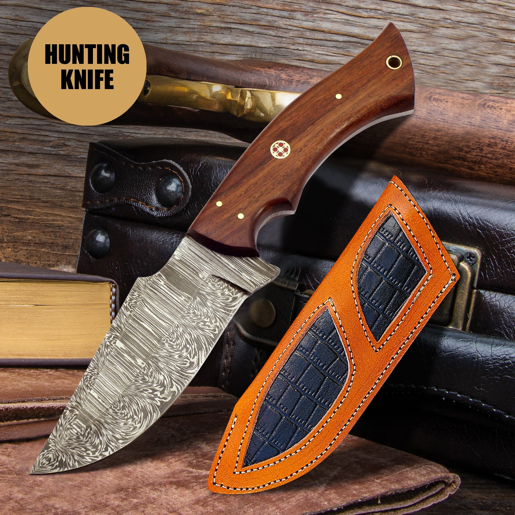 9.5′ Handmade Damascus Steel Hunting Knife with Leather Sheath - Tophatter Daily Deals