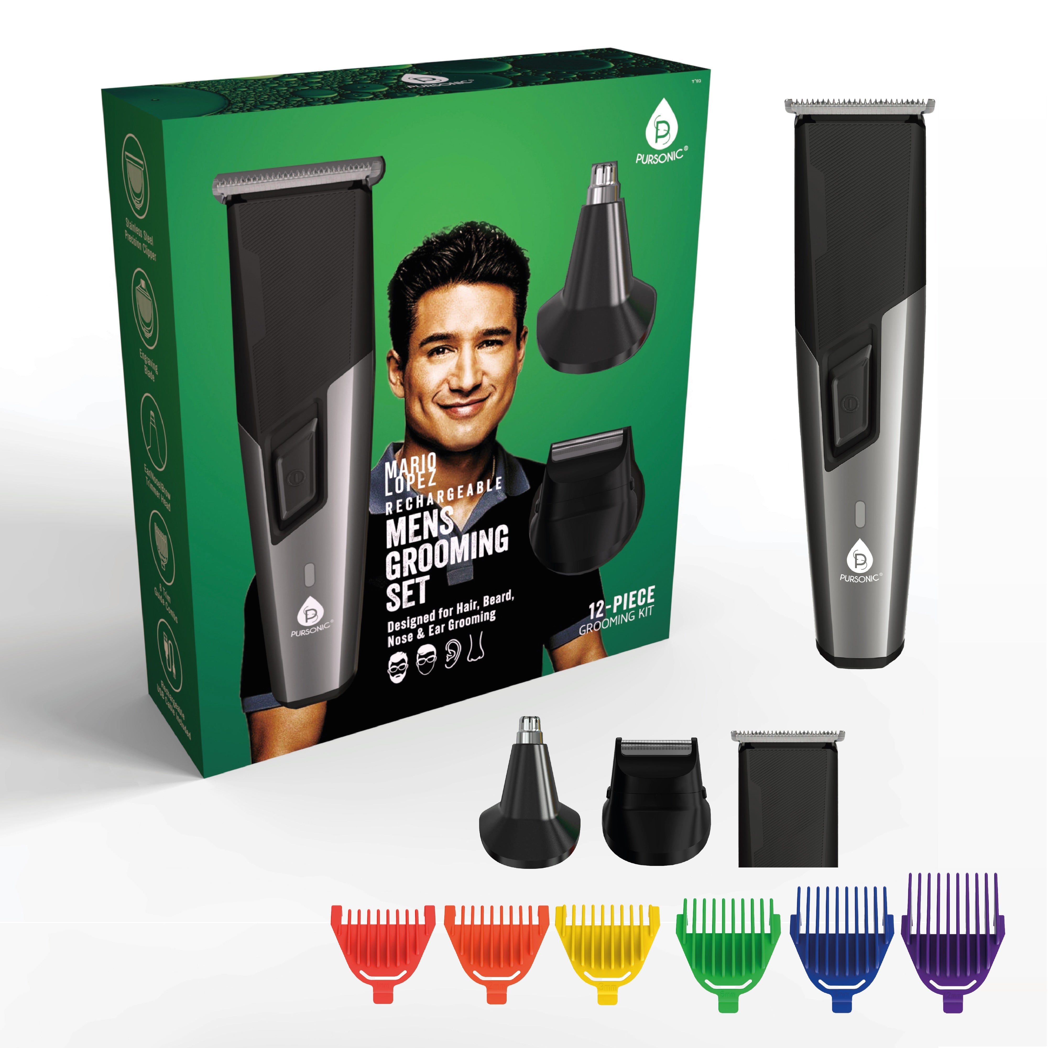 Pursonic Mario Lopez Rechargeable Men's Grooming Set - Complete Hair, Beard, Nose, and Ear Grooming Kit Black Grooming Kits - Tophatter Daily Deals