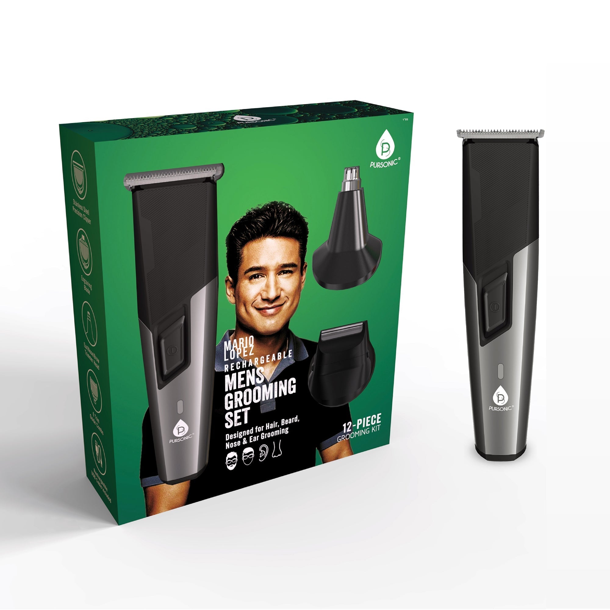 Pursonic Mario Lopez Rechargeable Men's Grooming Set - Complete Hair, Beard, Nose, and Ear Grooming Kit Grooming Kits - Tophatter Daily Deals