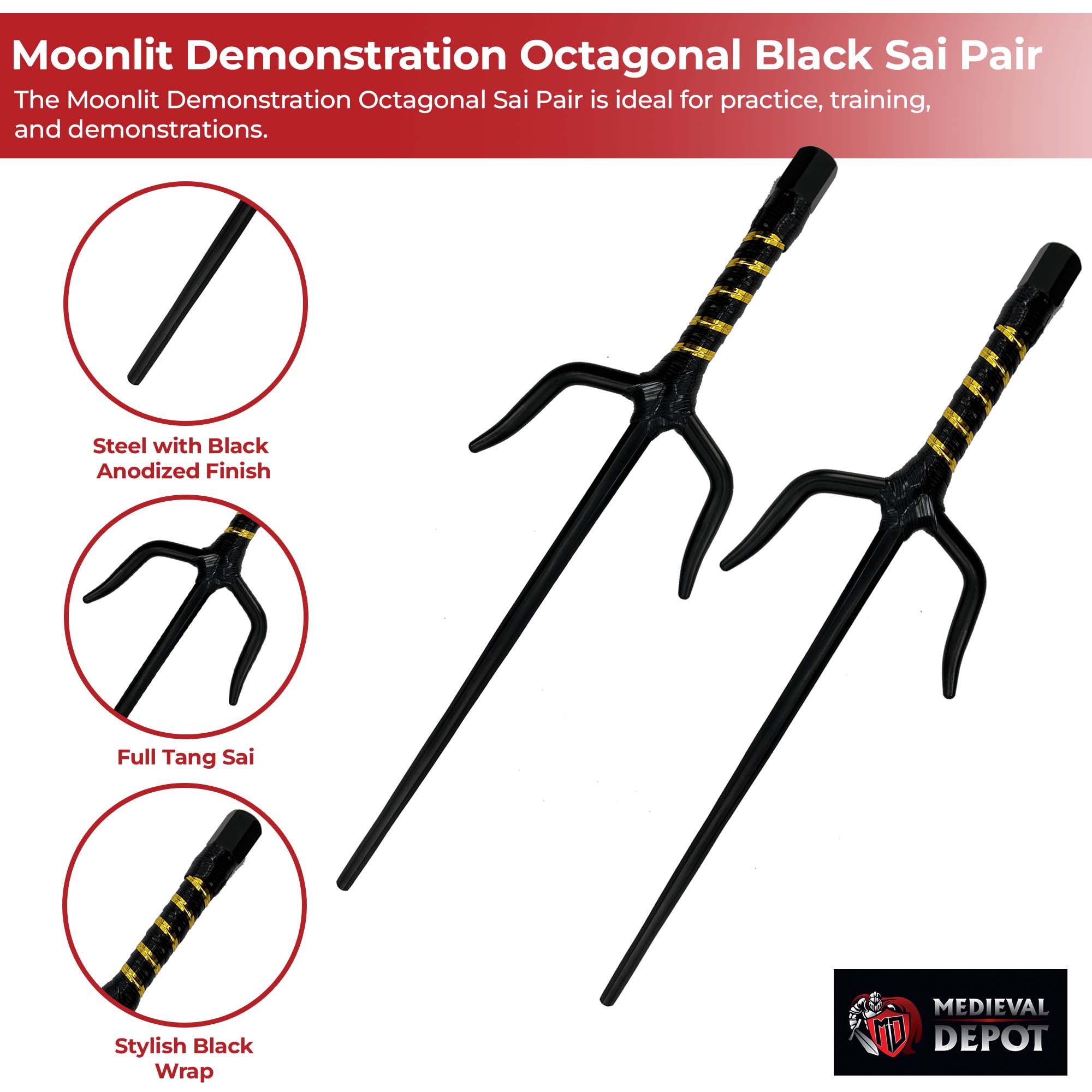 "Moonlit Demonstration" Octagonal 15" Black Sai Pair ninja & martial arts - Tophatter Daily Deals