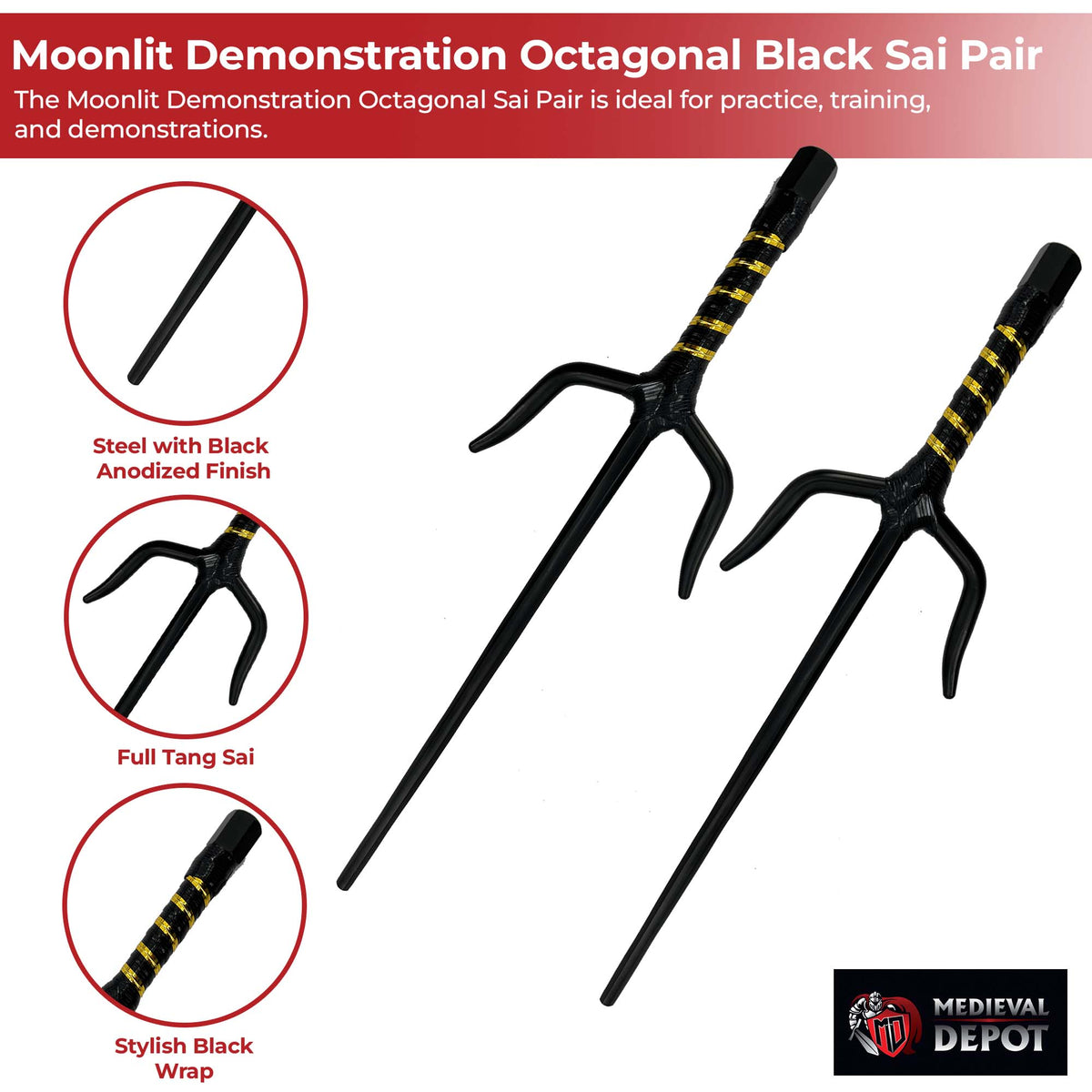 "Moonlit Demonstration" Octagonal 15" Black Sai Pair ninja & martial arts - Tophatter Daily Deals