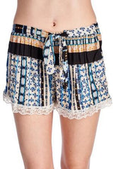 Women's Printed Rayon Shorts with Scallop Lace Trim Black Blue 2 Shorts - Tophatter Daily Deals