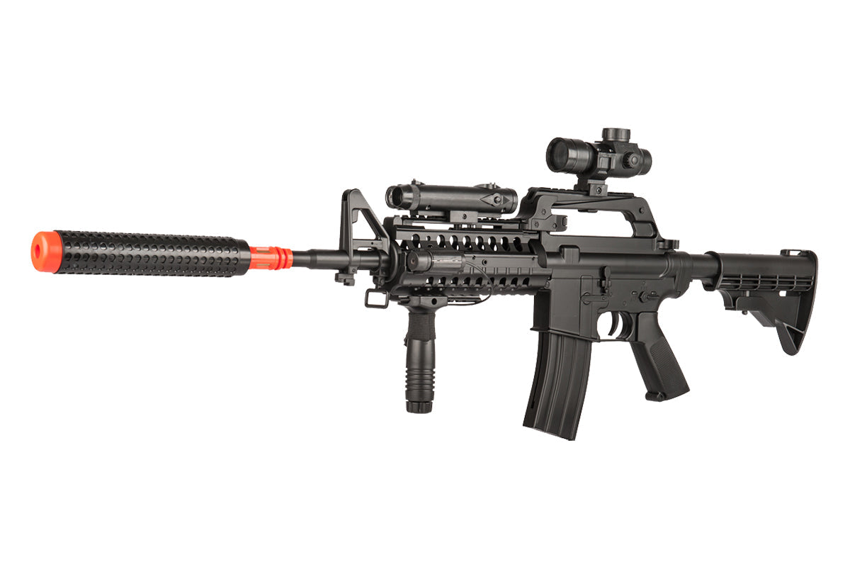 WELL MR799 M4 RIS Spring Airsoft Gun with Scope, Light, Grip, + Suppressor Airsoft-SpringRifle - Tophatter Daily Deals