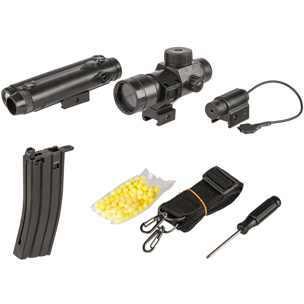 WELL MR799 M4 RIS Spring Airsoft Gun with Scope, Light, Grip, + Suppressor Airsoft-SpringRifle - Tophatter Daily Deals
