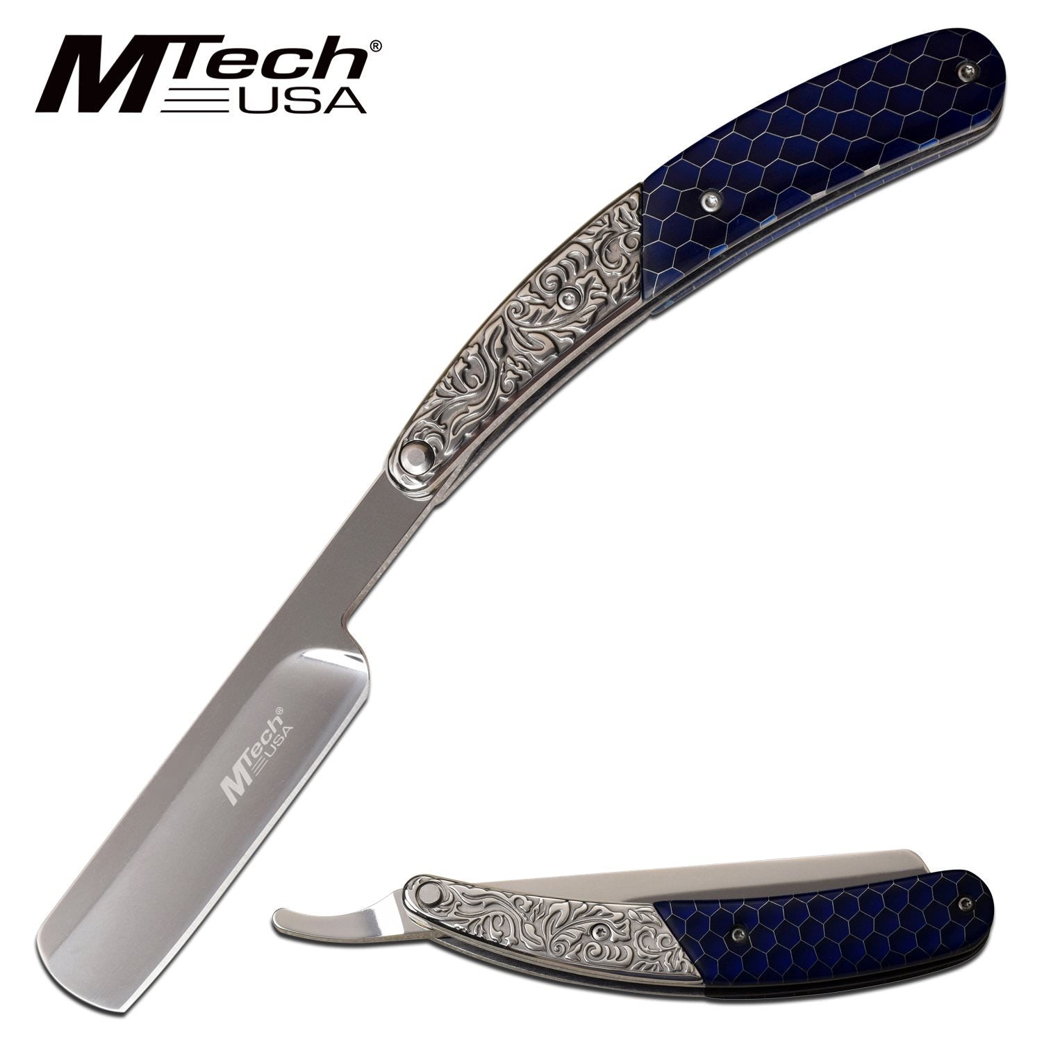 Straight Razor Mtech 9.75" Overall Ornate Barber Shaving Blade - Blue - TOPHATTER'S ARMORY DEALS Collectible Weapons - Tophatter Daily Deals