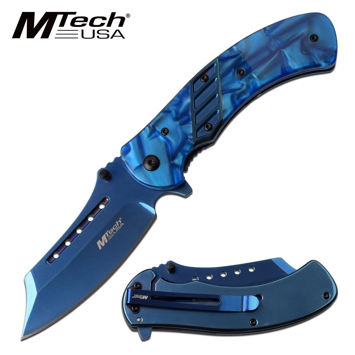 Mtech 3.6" Mirror Blade Blue Pearl Handle EDC Spring-Assist Folding Knife Collectible Weapons - Tophatter Daily Deals