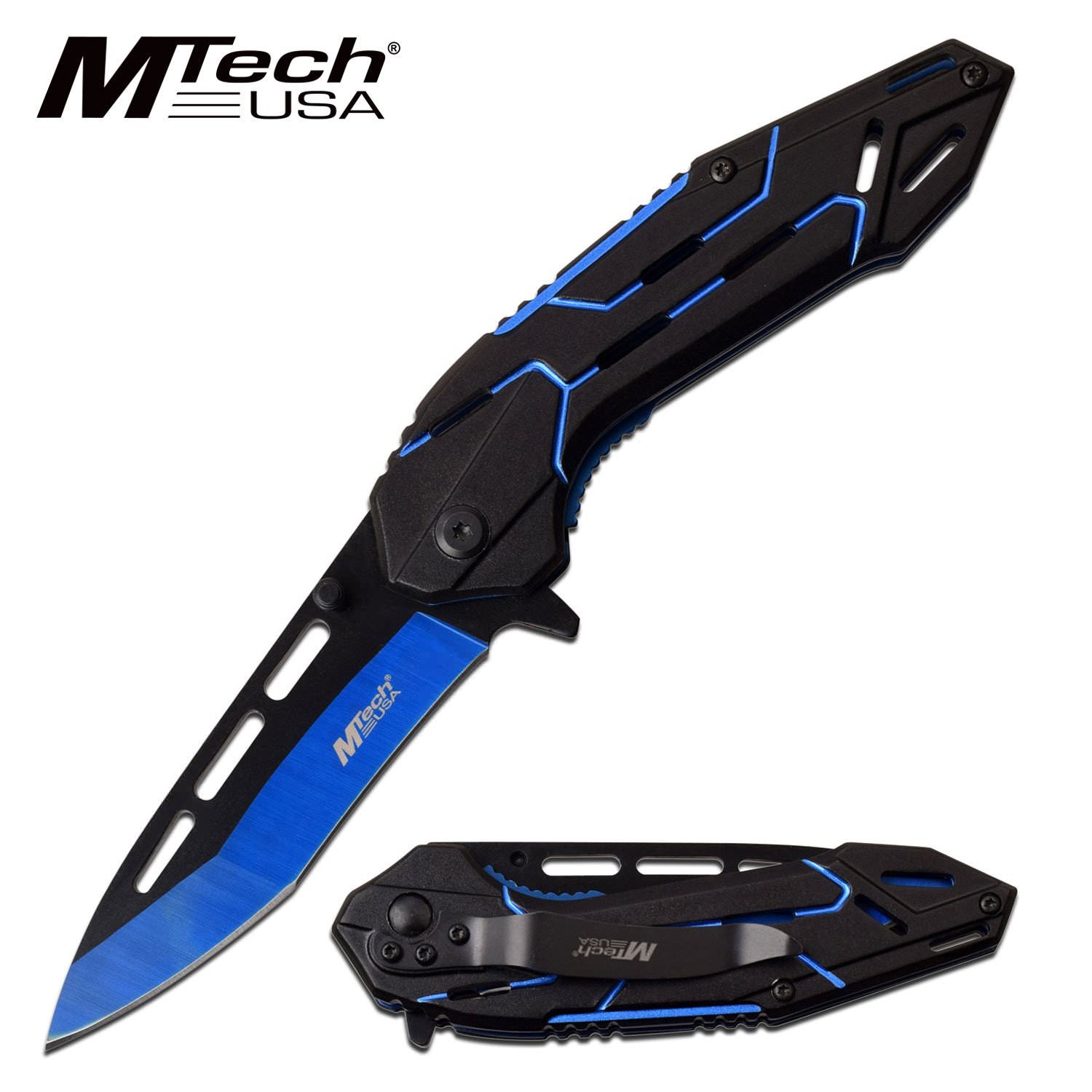 Mtech 3.5" Black Tanto Blade Blue Tactical Spring-Assist Folding Knife - Tophatter's Guns'N'Weapons Store Collectible Weapons - Tophatter Daily Deals