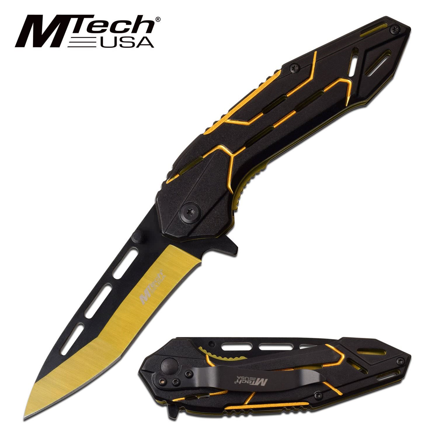 Mtech 3.5" Black Tanto Blade Golden Tactical Spring-Assist Folding Knife Collectible Weapons - Tophatter Daily Deals