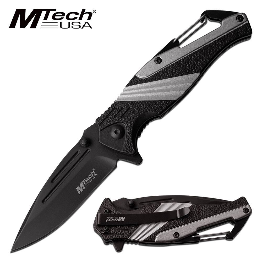 Mtech 3" Black Blade Gray Carabiner Tactical EDC Spring-Assist Folding Knife Collectible Weapons - Tophatter Daily Deals