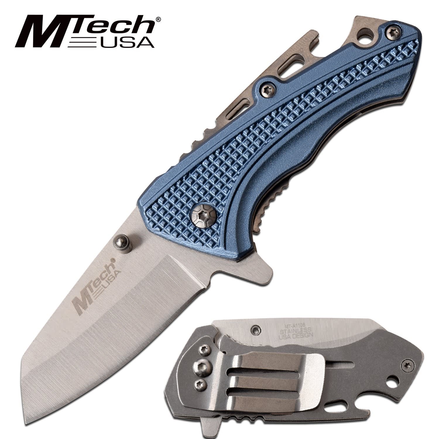 Mtech Spring Assist Pocket Knife Bottle Opener Aluminum Handle Blue - TOPHATTER'S ARMORY DEALS Collectible Weapons - Tophatter Daily Deals