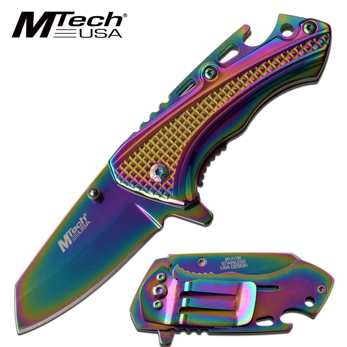 Spring Assist Pocket Knife Bottle Opener Aluminum Handle Rainbow - Tophatter's Guns'N'Weapons Store Collectible Weapons - Tophatter Daily Deals