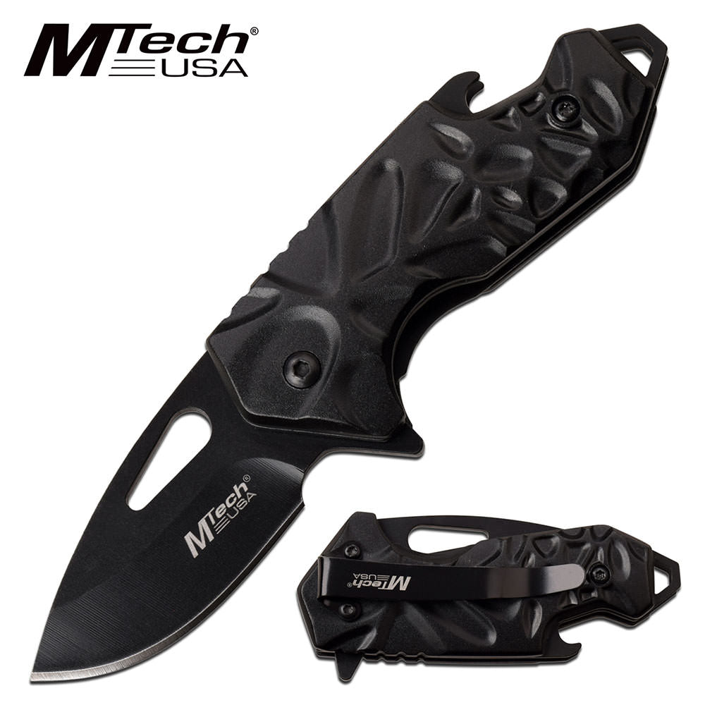 Mtech Black 2" Blade EDC Bottle Opener Tactical Spring-Assist Folding Knife - Tophatter's Inc. Weapons Store Online Collectible Weapons - Tophatter Daily Deals