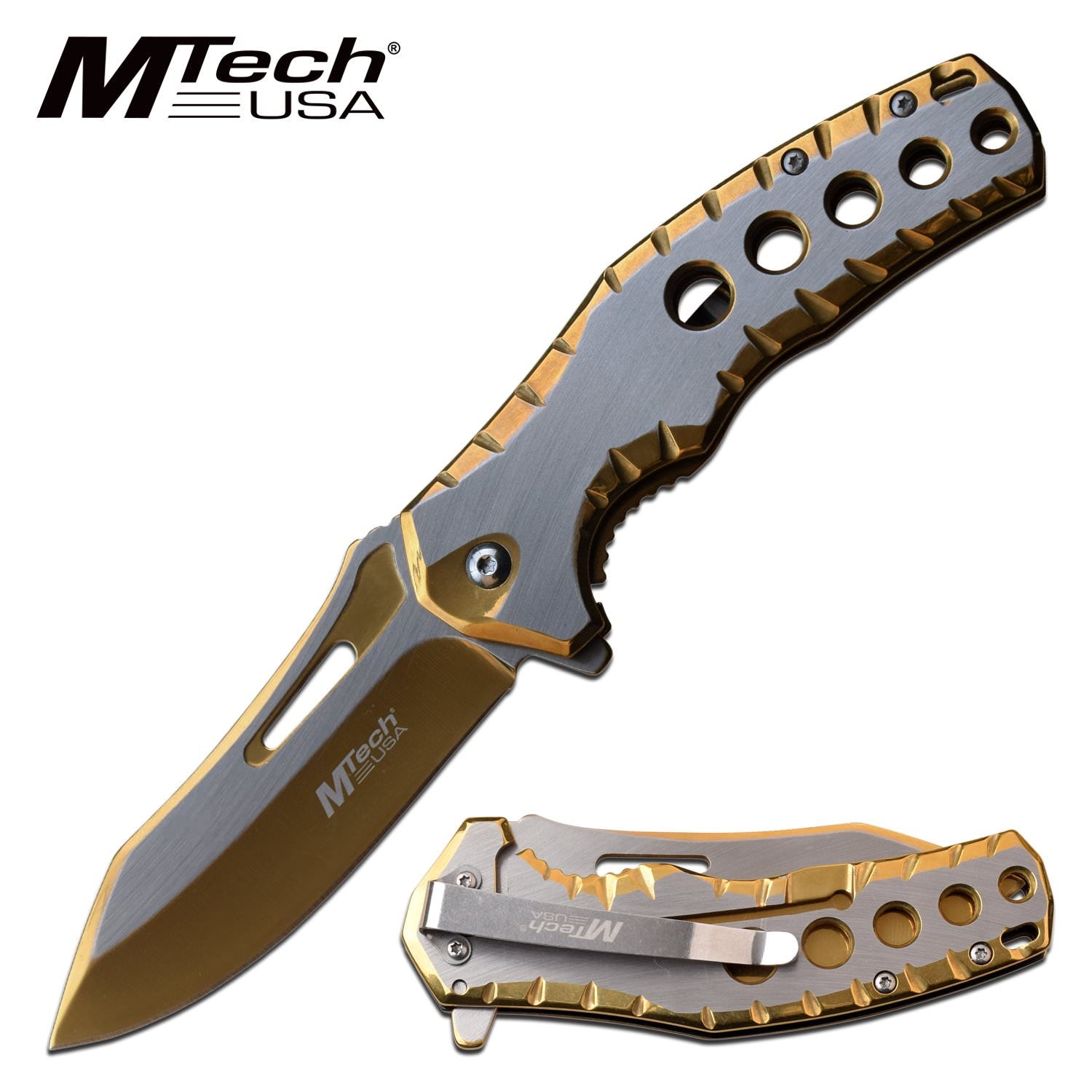 Mtech Five Hole Pocket Knife Gold Satin Spring Assisted Knife - Tophatter's Guns'N'Weapons Store Collectible Weapons - Tophatter Daily Deals