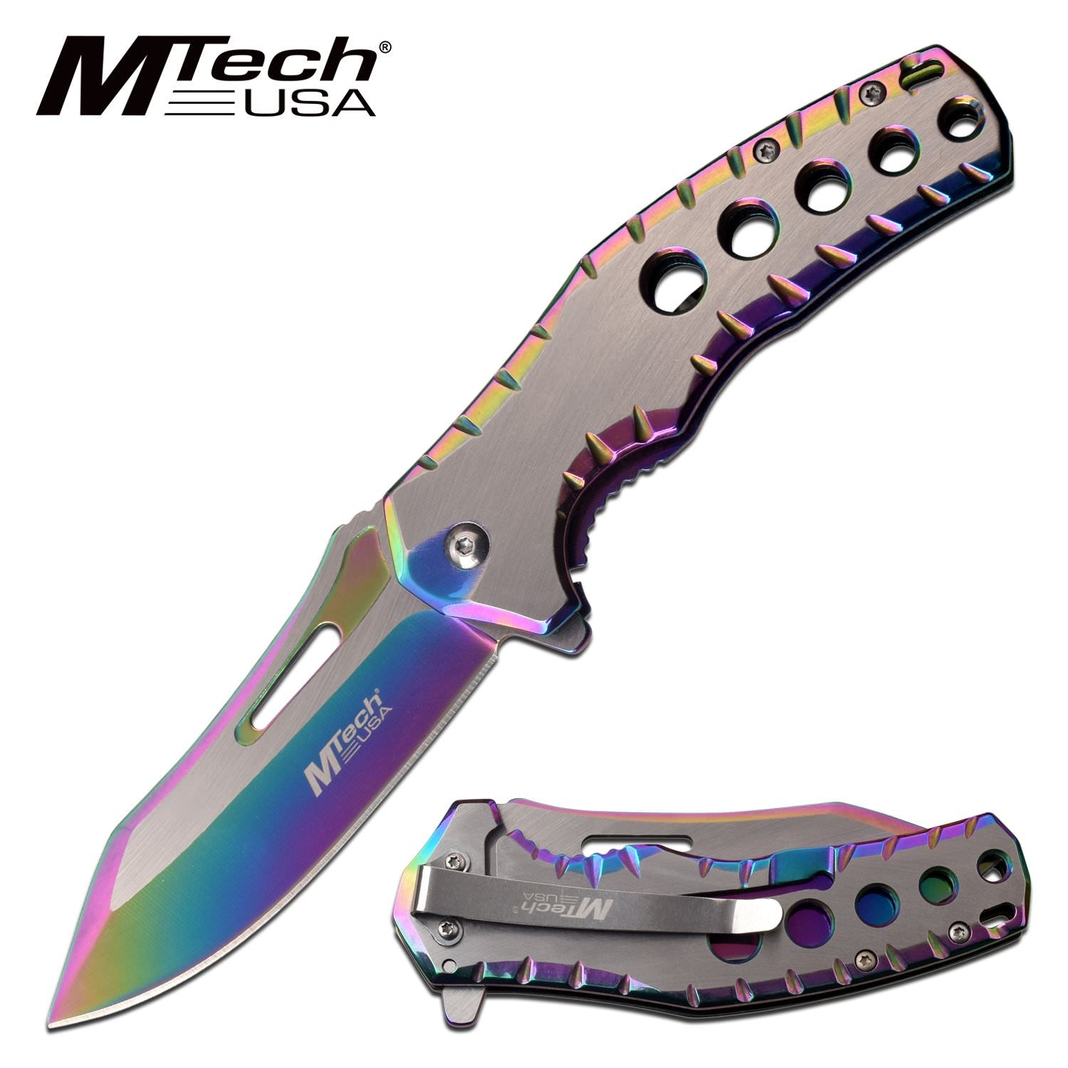 Mtech Five Hole Pocket Knife Rainbow Satin Spring Assisted Knife - TOPHATTER'S ARMORY DEALS Collectible Weapons - Tophatter Daily Deals