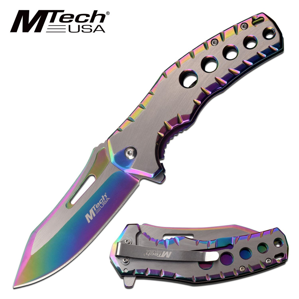Mtech Five Hole Pocket Knife Rainbow Satin Spring Assisted Knife - Tophatter's Guns'N'Weapons Store Collectible Weapons - Tophatter Daily Deals