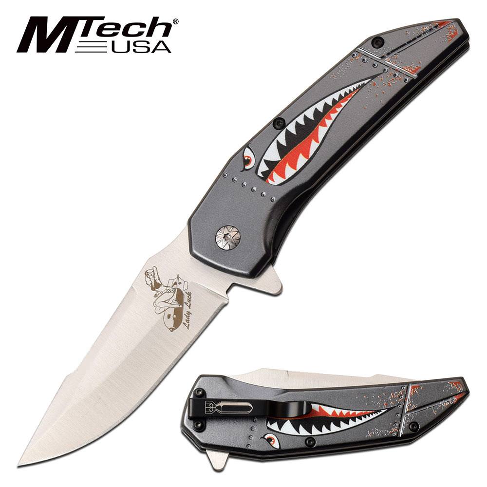 Mtech Spring Assisted Knife Gray Shark Handle Bomber Lady Luck Blade Collectible Weapons - Tophatter Daily Deals