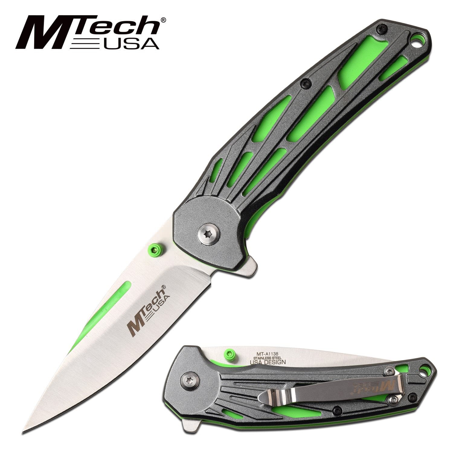 Mtech 3.5" Blade Neon Green Gray Tactical EDC Spring-Assist Folding Knife Collectible Weapons - Tophatter Daily Deals