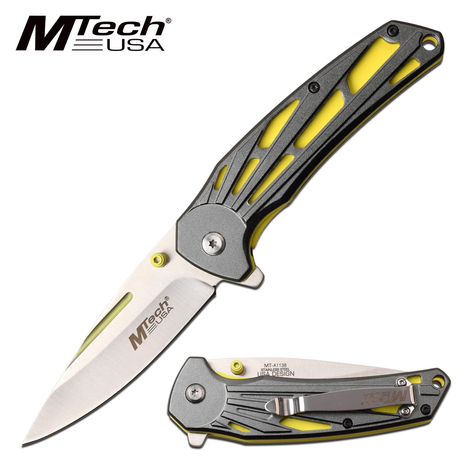 Mtech 3.5" Blade Neon Yellow Gray Tactical EDC Spring-Assist Folding Knife - Tophatter's Guns'N'Weapons Store Collectible Weapons - Tophatter Daily Deals