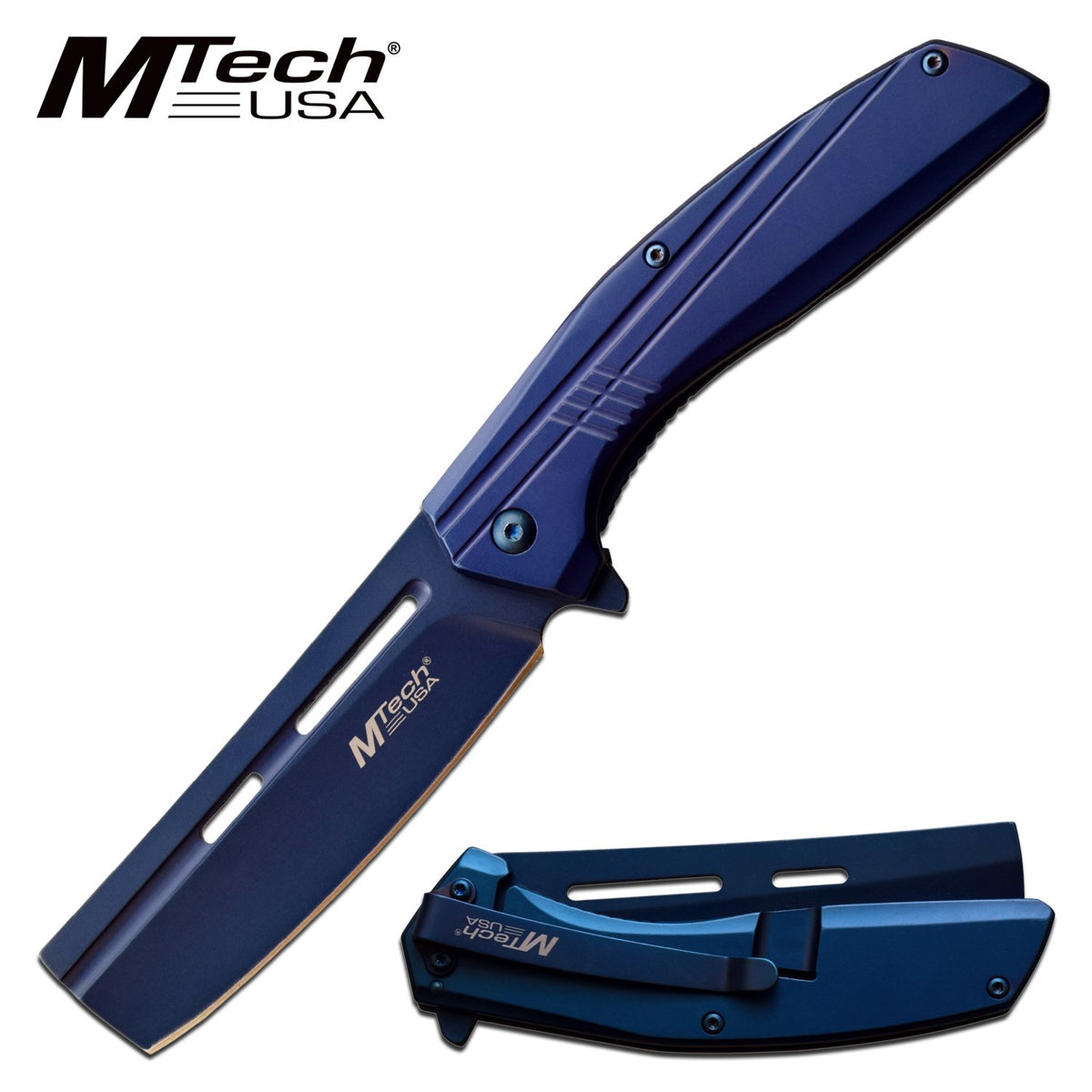 Spring-Assist Folding Knife 3.5" Cleaver Blade Stainless Steel - Blue - Tophatter's Guns'N'Weapons Store Collectible Weapons - Tophatter Daily Deals
