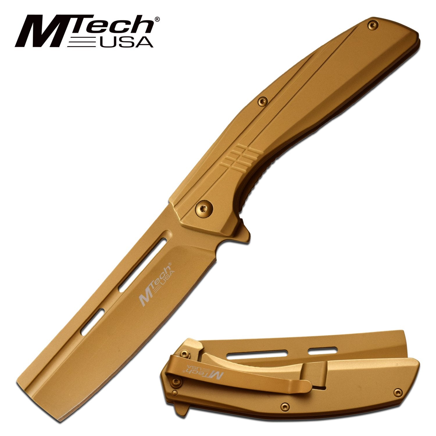 Spring-Assist Folding Knife 3.5" Cleaver Blade Stainless Steel - Gold - Tophatter's Inc. Weapons Store Online Collectible Weapons - Tophatter Daily Deals