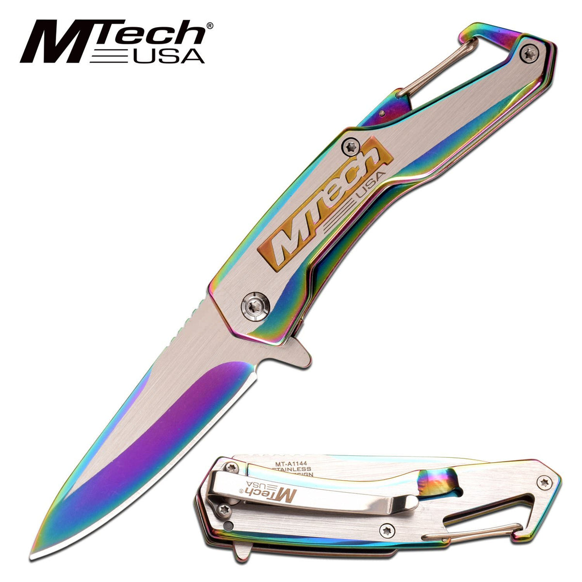 Spring Assist Folding Knife MTech Rainbow Silver Tactical Pocket - Tophatter's Guns'N'Weapons Store Collectible Weapons - Tophatter Daily Deals
