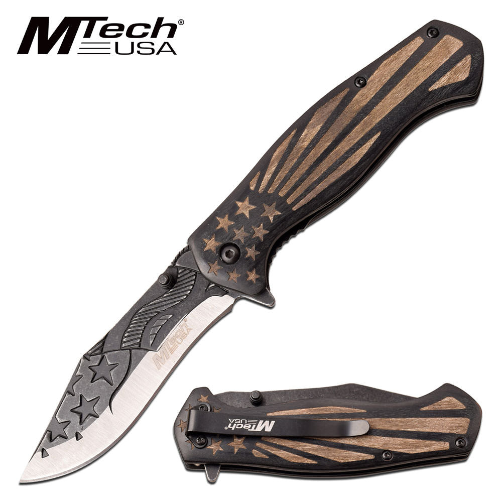 Mtech Pocket Knife American Flag Spring Assisted Knife Black Pakkawood Collectible Weapons - Tophatter Daily Deals