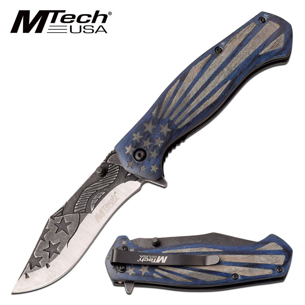 Mtech Pocket Knife American Flag Spring Assisted Knife Blue Pakkawood - Tophatter's Guns'N'Weapons Store - FREE SHIPPING Collectible Weapons - Tophatter Daily Deals
