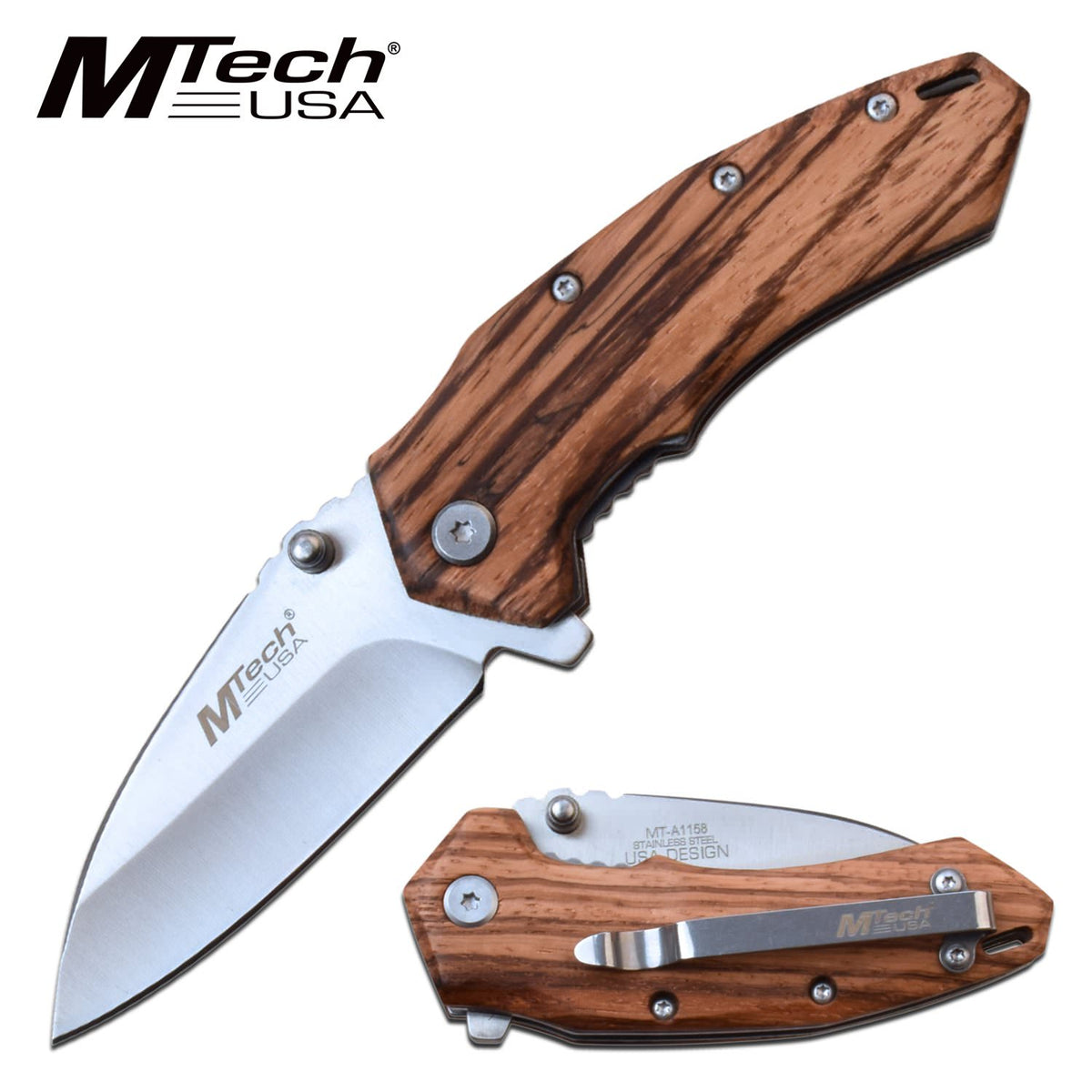 Spring Assist Folding Knife MTech 6.5" Overall Brown Zebra Wood - TOPHATTER'S ARMORY DEALS Collectible Weapons - Tophatter Daily Deals