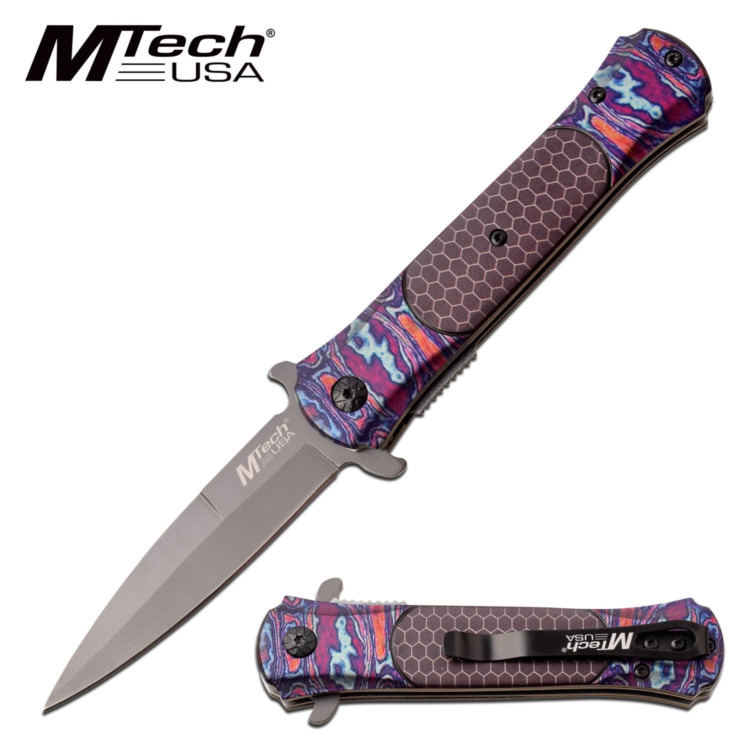Mtech Stiletto Style Pocket Knife Spring Assisted Knife Timascus Pattern - Tophatter's Inc. Weapons Store Online Collectible Weapons - Tophatter Daily Deals