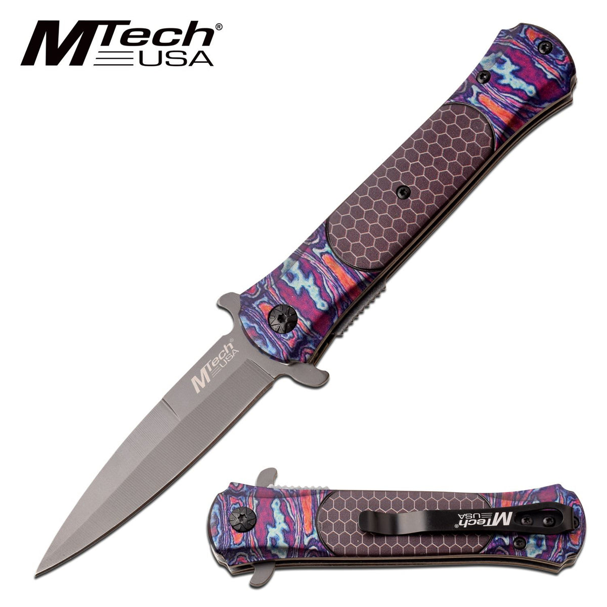 Mtech Stiletto Style Pocket Knife Spring Assisted Knife Timascus Pattern - Tophatter's Guns'N'Weapons Store - FREE SHIPPING Collectible Weapons - Tophatter Daily Deals