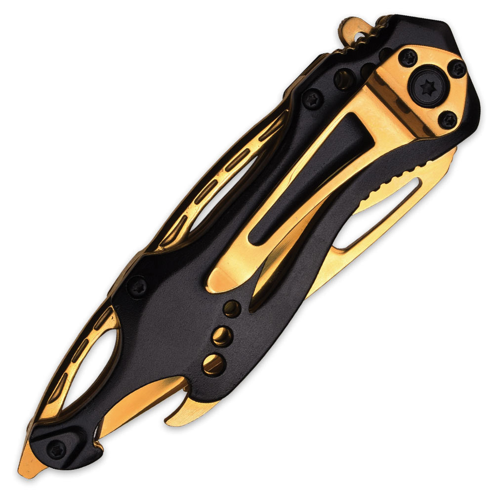 Black/Gold Spring Assisted Tactical Knife w/ Bottle Opener + Screwdriver Knife-Assist - Tophatter Daily Deals