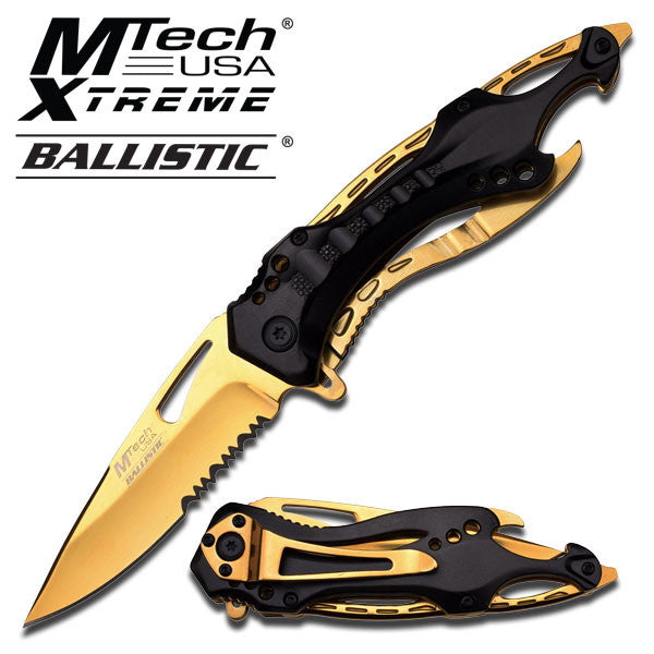 Black/Gold Spring Assisted Tactical Knife w/ Bottle Opener + Screwdriver Knife-Assist - Tophatter Daily Deals