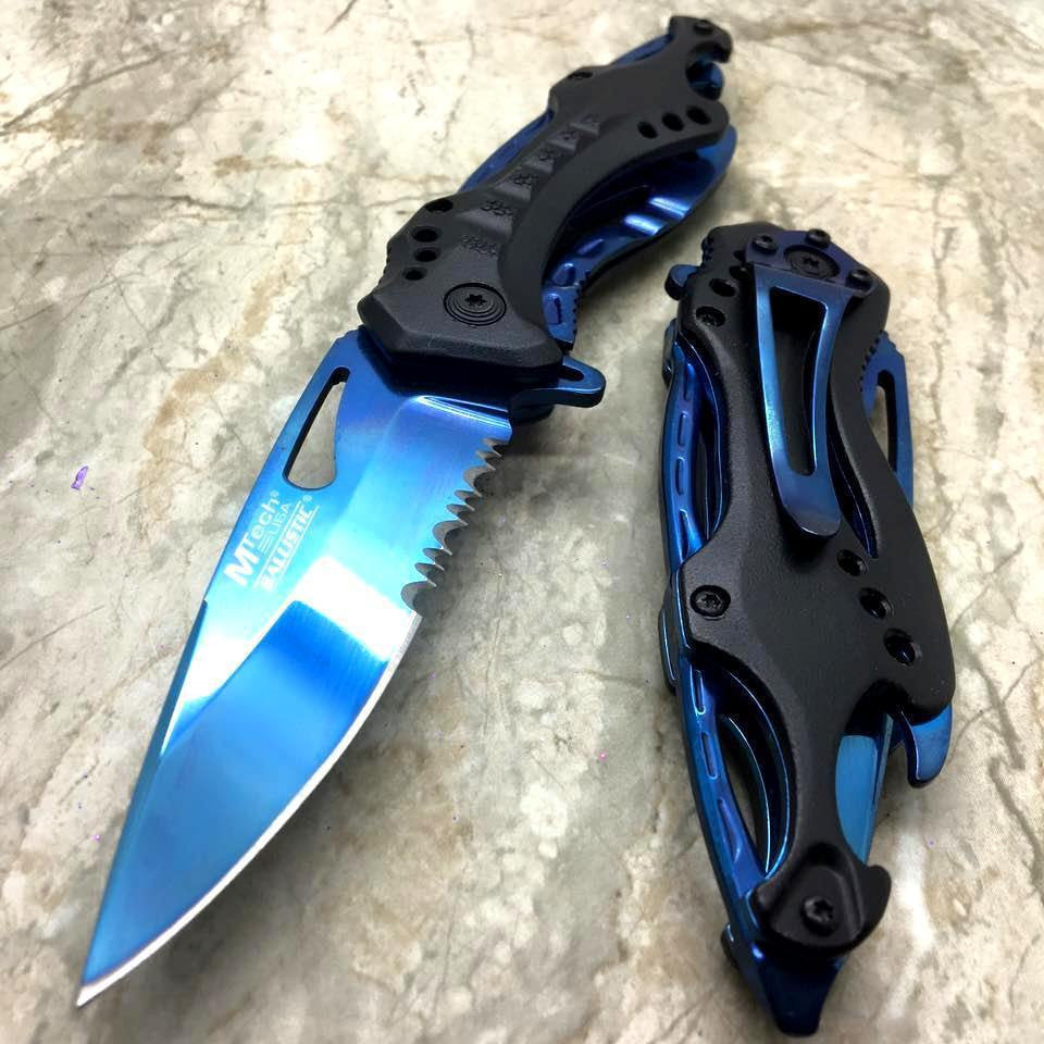 Black/Blue Spring Assisted Tactical Knife w/ Bottle Opener + Screwdriver Knife-Assist - Tophatter Daily Deals