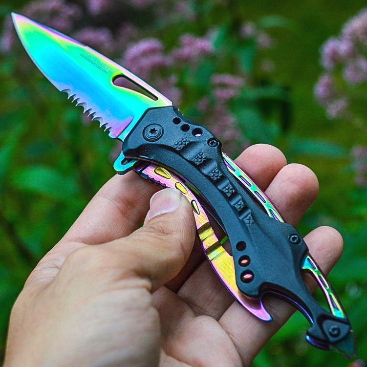 Rainbow Spring Assisted Tactical Knife w/ Bottle Opener + Screwdriver Knife-Assist - Tophatter Daily Deals