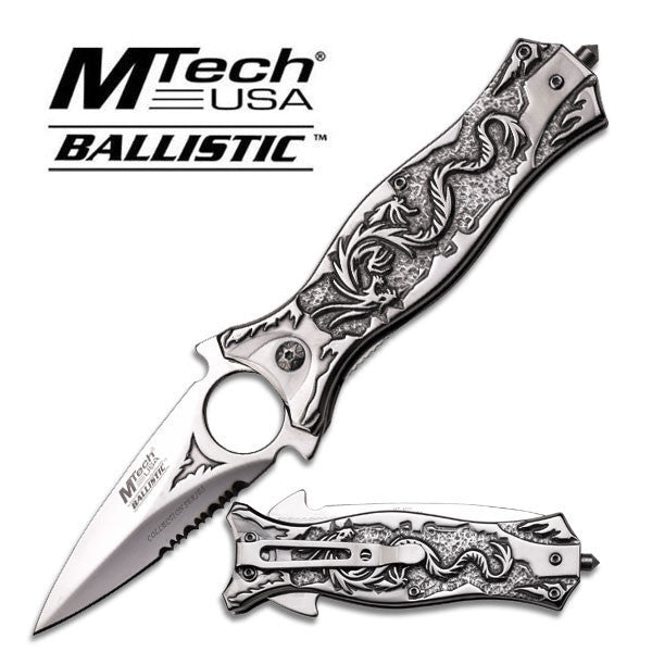 M-TECH Chrome Dragon Silver Finger Hole Spring Assisted Knife w/ Breaker Knife-Assist - Tophatter Daily Deals