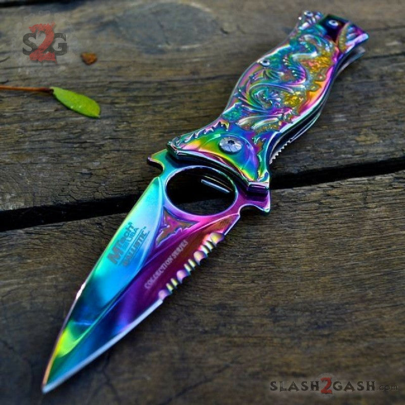 M-TECH Rainbow Dragon Finger Hole Spring Assisted Knife w/ Breaker Knife-Assist - Tophatter Daily Deals