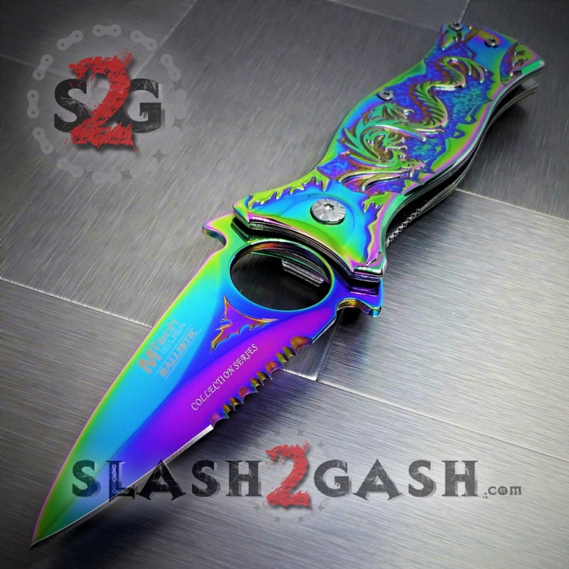 M-TECH Rainbow Dragon Finger Hole Spring Assisted Knife w/ Breaker Knife-Assist - Tophatter Daily Deals