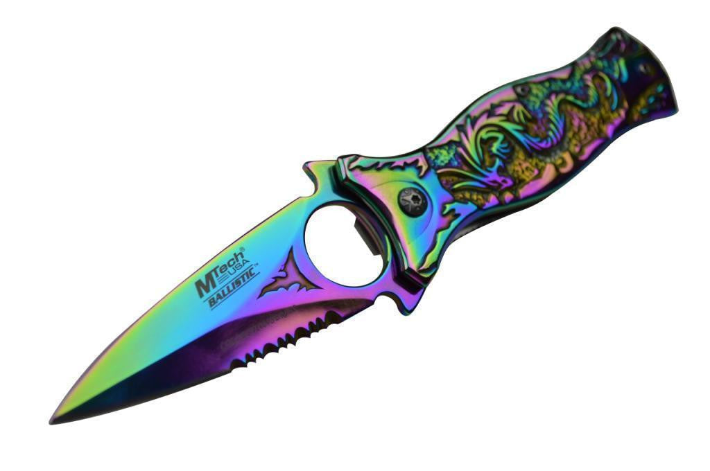 M-TECH Rainbow Dragon Finger Hole Spring Assisted Knife w/ Breaker Knife-Assist - Tophatter Daily Deals