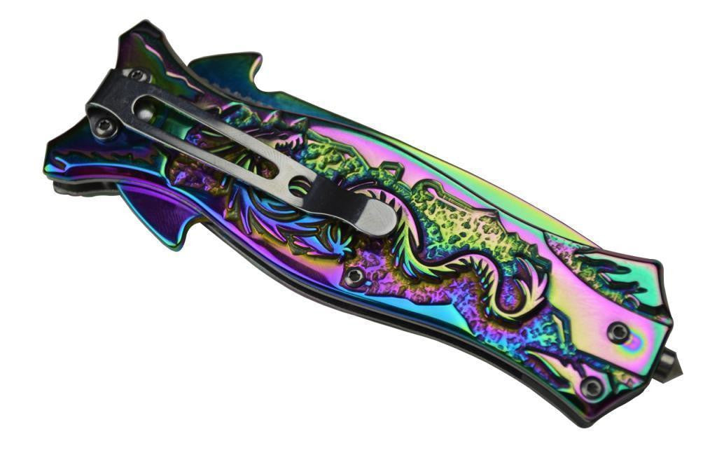 M-TECH Rainbow Dragon Finger Hole Spring Assisted Knife w/ Breaker Knife-Assist - Tophatter Daily Deals