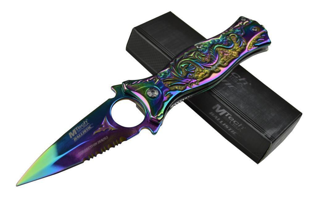 M-TECH Rainbow Dragon Finger Hole Spring Assisted Knife w/ Breaker Knife-Assist - Tophatter Daily Deals