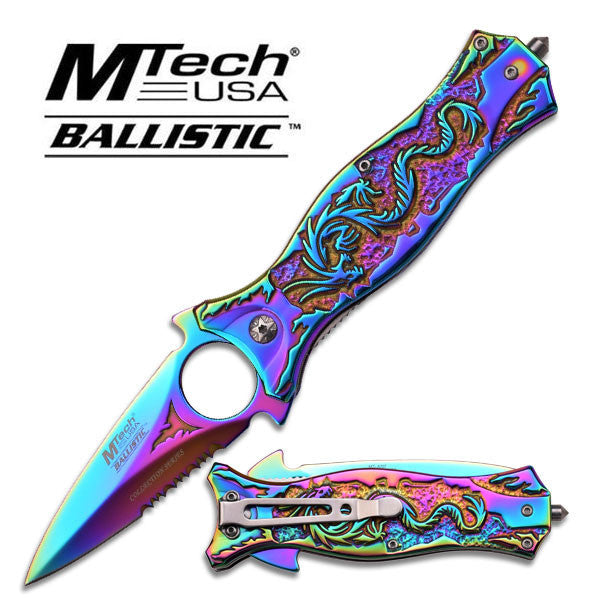 M-TECH Rainbow Dragon Finger Hole Spring Assisted Knife w/ Breaker Knife-Assist - Tophatter Daily Deals
