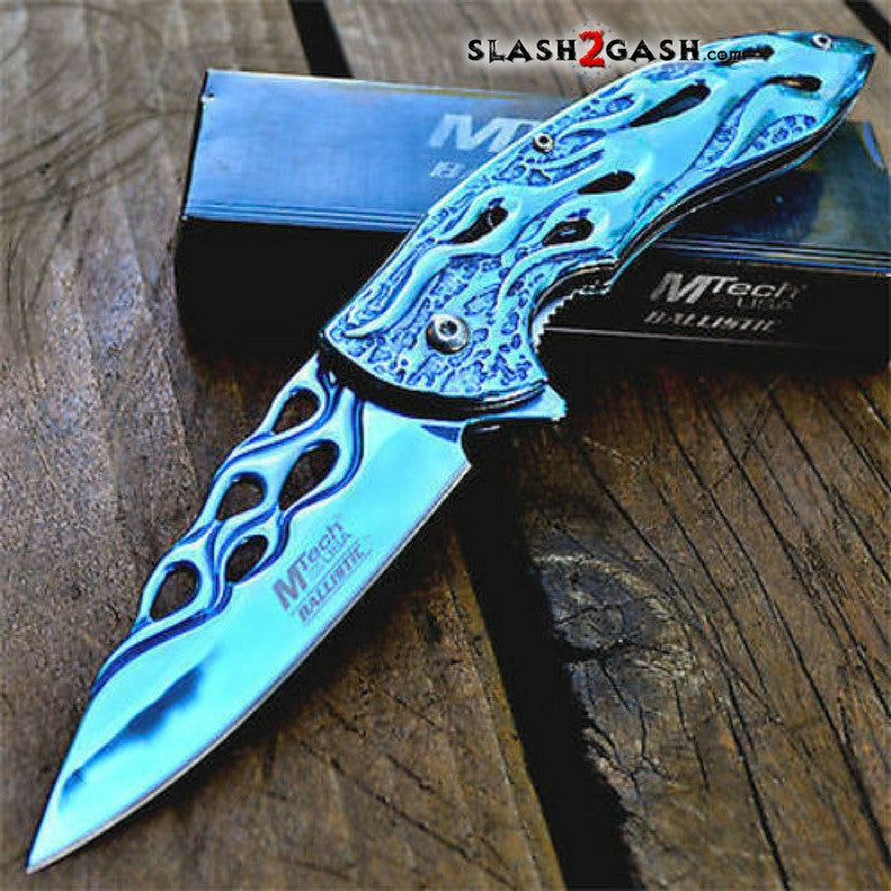 MTECH Ballistic BLUE Skeletonized Flame Blade Spring Assisted Open Knife Knife-Assist - Tophatter Daily Deals