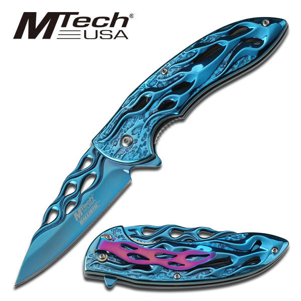 MTECH Ballistic BLUE Skeletonized Flame Blade Spring Assisted Open Knife Knife-Assist - Tophatter Daily Deals