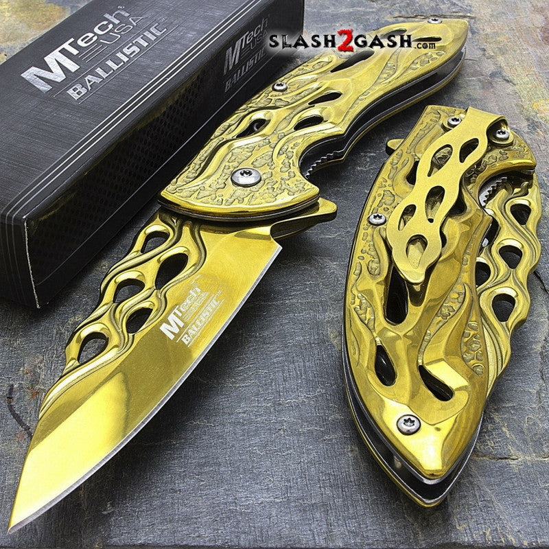 MTECH Ballistic GOLDEN Skeletonized Flame Blade Spring Assisted Open Knife Knife-Assist - Tophatter Daily Deals