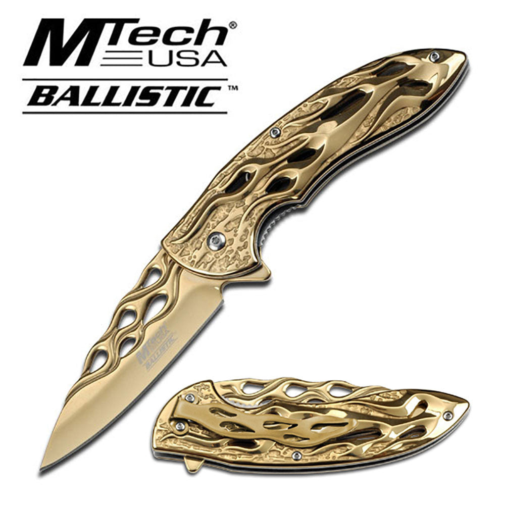 MTECH Ballistic GOLDEN Skeletonized Flame Blade Spring Assisted Open Knife Knife-Assist - Tophatter Daily Deals