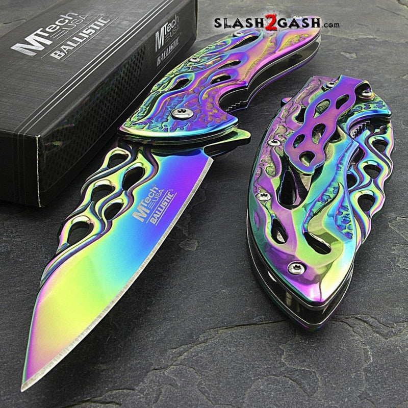 MTECH Ballistic RAINBOW Skeletonized Flame Blade Spring Assisted Open Knife Knife-Assist - Tophatter Daily Deals